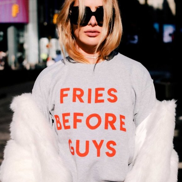Fries Before Guys Grey Long Sleeve Crewneck Unisex Sweatshirt - Picture 2 of 5